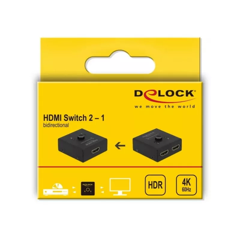 DeLock HDMI 2 į 1 dvikryptis kompaktiškas 4K 60 Hz jungiklis - Mažmeninė dėžutė - Vaizdo/garso jungiklis - 2 x HDMI - Staliniam naudojimui (64072)