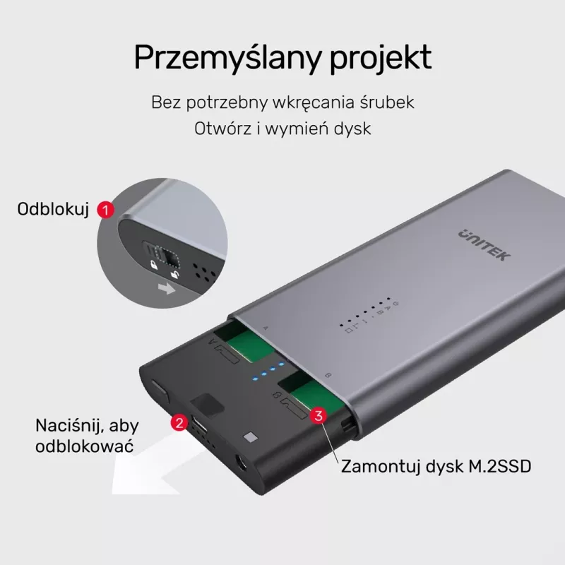 SSD dėklas Unitek S1206A 2× M.2 NVMe PCIe Gen3 x4 diskams, USB 3.2 Gen 2 (10 Gbit/s), aliuminis, USB-C, komplekte maitinimo adapteris