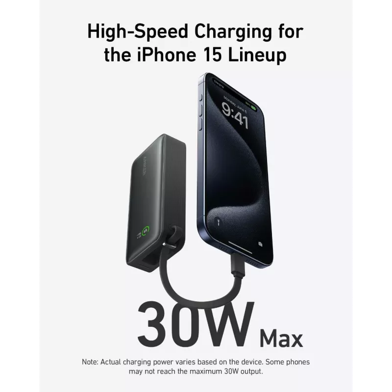 Powerbank 545 NANO 30W 10000mAh su įmontuotu USB-C laidu, juoda