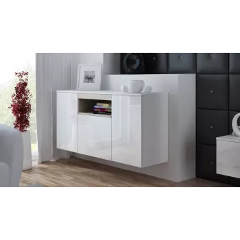 Sideboard Cama Meble VIVA 150 – balta/baltai blizganti ir sonoma ąžuolas, 3 durys, 5 lentynos, 1500×450×800 mm