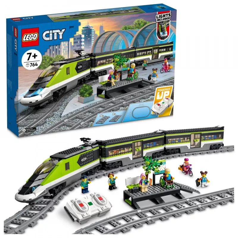 LEGO 60337 City Express keleivinis traukinys su nuotolinio valdymo pulteliu, žaislas vaikams, berniukams ir mergaitėms su veikiančiais priekiniais žibintais, 2 vagonais ir 24 bėgių detalėmis
