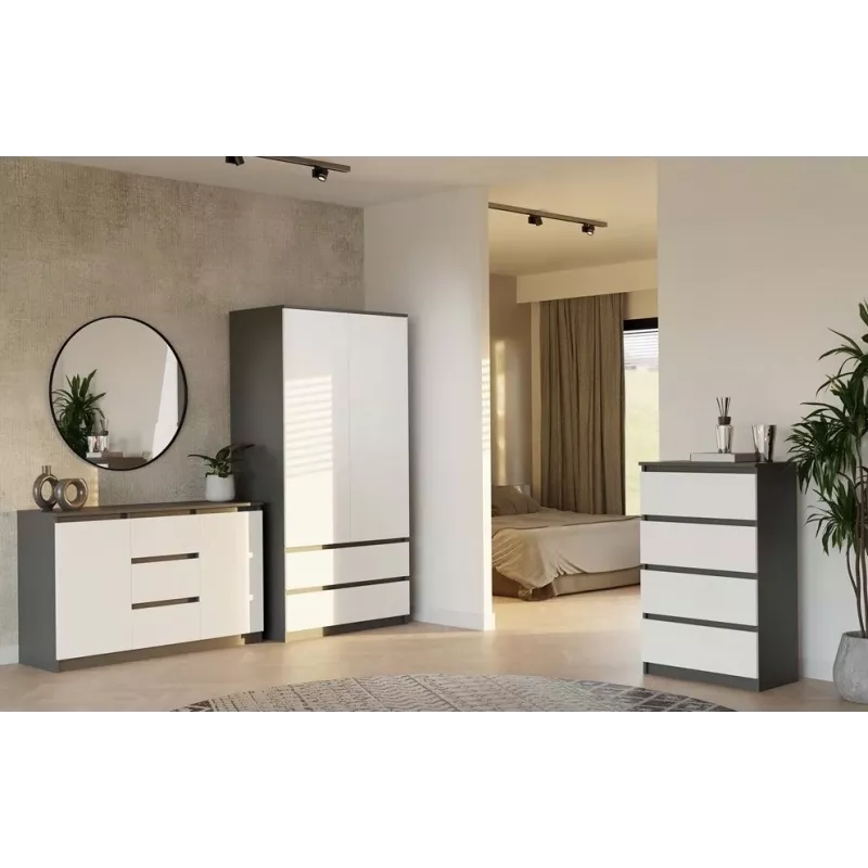 Komoda 2 durys 3 stalčiai top e shop M-MP-K-MAL-2D3S-ANTBIA — antracitinis rėmas, baltos durys, 1200×750×400 mm