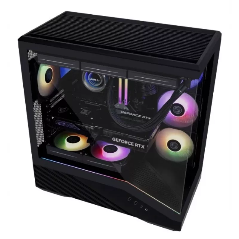 Kompiuterio korpusas Lian Li Vector V100 Midi Tower — juodas su permatomu skydeliu, palaiko 3×120 mm šoninius + 1×120 mm galinį ventiliatorius, 3,5 colio HDD, 2,5 colio SSD, 235,5×446×484,6 mm