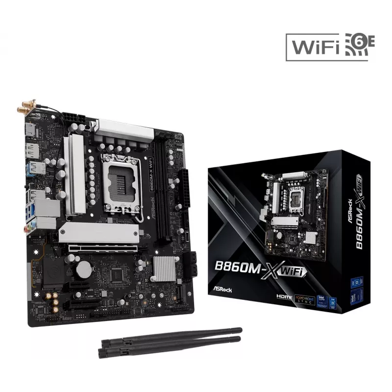 Motininė plokštė ASRock B860M-X WiFi — Intel B860, LGA 1851, micro ATX, DDR5, 2x DIMM, 4x M.2, 2.5Gb LAN, Wi‑Fi 6E, Bluetooth 5.3