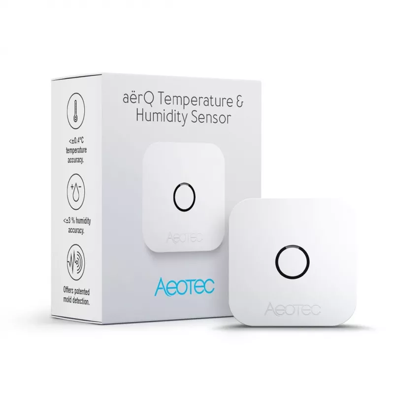 Patalpų temperatūros ir drėgmės jutiklis AEOTEC AEOEZWA039 — laisvai statomas, maitinamas baterijomis, 34×34×17 mm