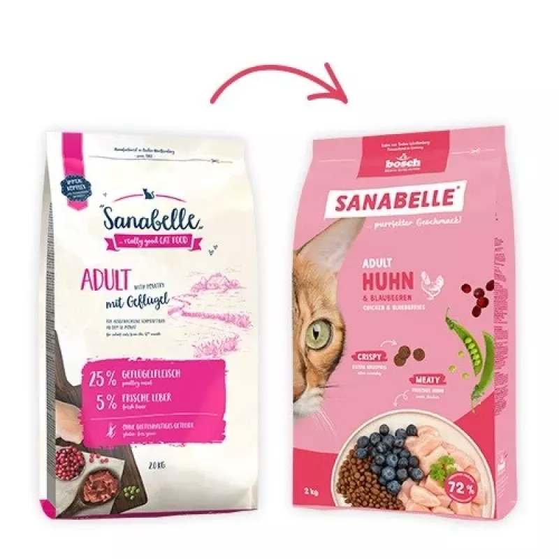 Sausas kačių ėdalas Bosch Sanabelle Life Adult vištiena ir mėlynės 8 kg, 31% baltymų, 16% riebalų, 2% ląstelienos