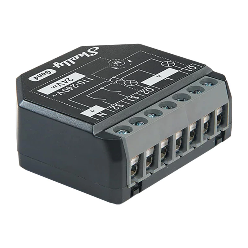 Shelly 2PM Gen4 roletų/žaliuzių pavara 2 kanalai, kintamoji srovė 110–240 V, 2,4 GHz „Wi‑Fi“, 1,4 W, 8000 KB „flash“ atmintis
