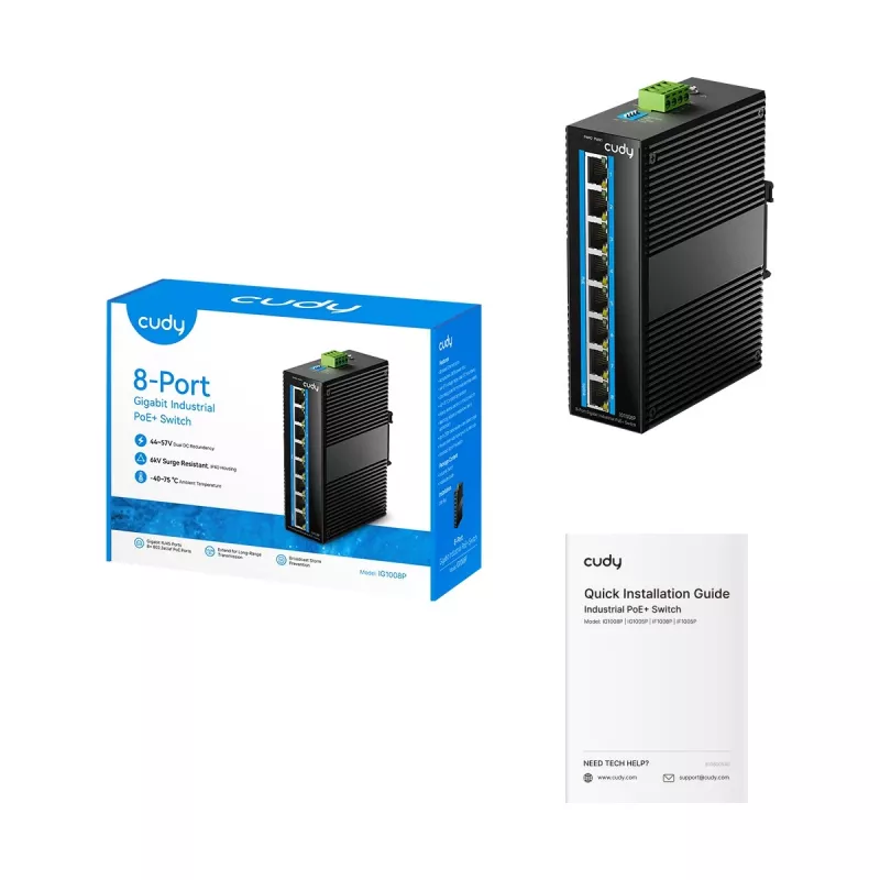 Nevaldomas Gigabit Ethernet PoE komutatorius Cudy IG1008P — 8× Gigabit (10/100/1000), PoE, 48–57V, 20 Gbit/s, 8000 MAC, montuojamas ant sienos, juodas