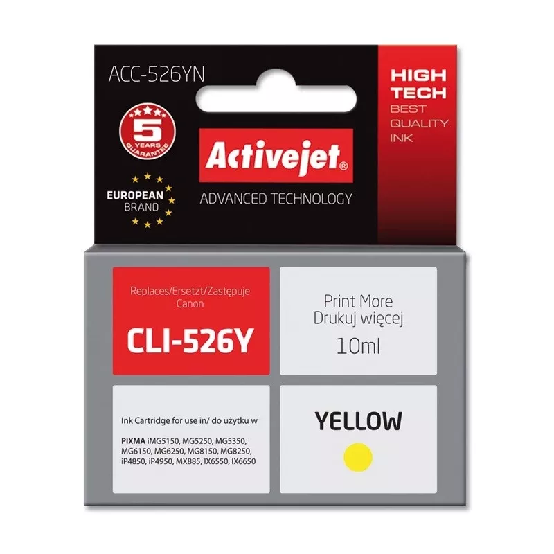 Activejet ACC-526YN rašalo kasetė (pakaitalas Canon CLI-526Y; Supreme; 10 ml; geltona)