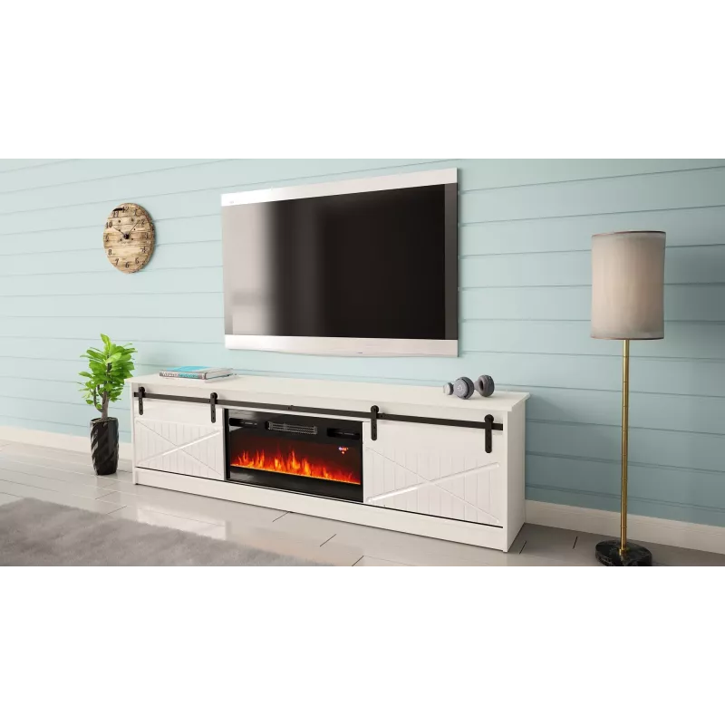 TV spintelė su elektriniu židiniu Cama Meble GRANERO model RTV GRANERO + KOM B/B, 200x56.7x35 cm, balta/baltas blizgesys, 2 durys, 2 lentynos, MDF/drožlių plokštė
