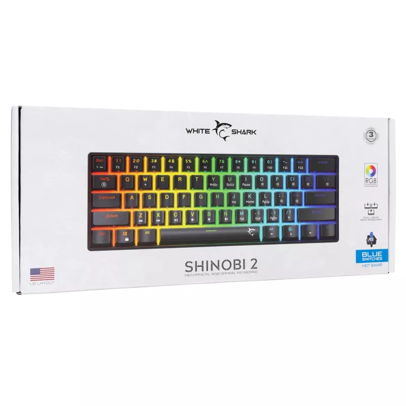 Mechaninė klaviatūra White Shark Shinobi-2 mėlyni jungikliai juoda US išdėstymas