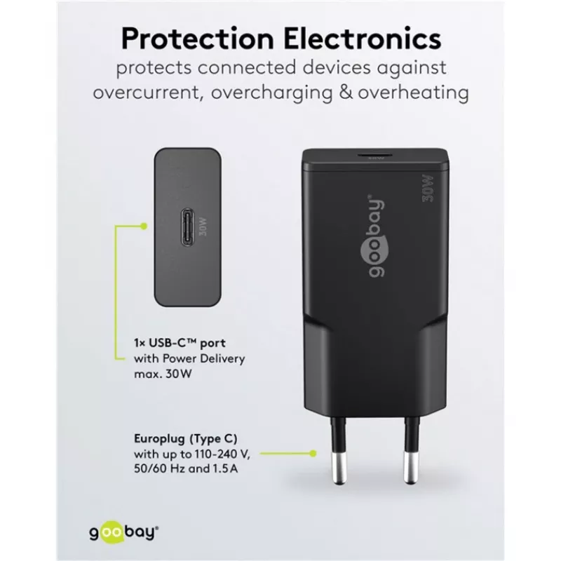 Goobay USB-C™ PD GaN plonas greitasis įkroviklis (30 W) juodas