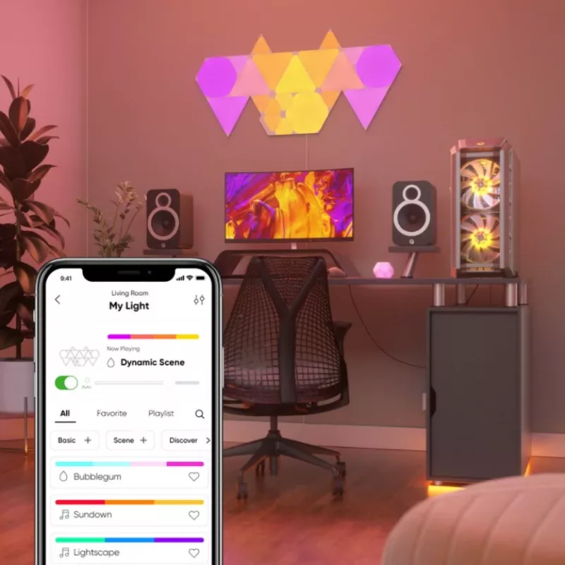Trikampiai LED skydiniai šviestuvai Nanoleaf NL47-0002TW-9PK — 9 vnt. RGB sieninių plokščių rinkinys, maitinamas kintamąja srove, balti