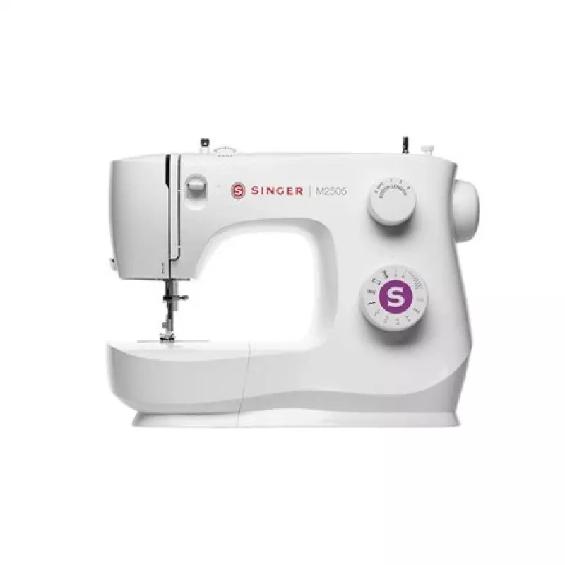 SINGER mechaninė siuvimo mašina M2505 — 10 dygsnių, automatinis sagos skylutės režimas, laisvoji rankovė, balta