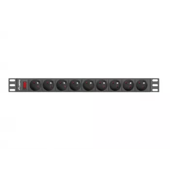 Maitinimo paskirstymo įrenginys LANBERG PDU-09E-0300-BK — 9x E tipo lizdai, 16 A, 220–250 V, 3 m laidas, 1U stovas, 19 colių