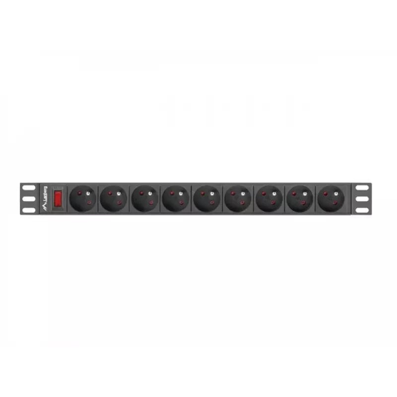 Maitinimo paskirstymo įrenginys LANBERG PDU-09E-0300-BK — 9x E tipo lizdai, 16 A, 220–250 V, 3 m laidas, 1U stovas, 19 colių