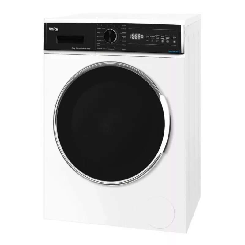 Laisvai pastatoma skalbimo mašina AMICA WA3S712BLiSHB, 7 kg, 1200 aps./min, 2100 W, LED ekranas, juodos spalvos durelės