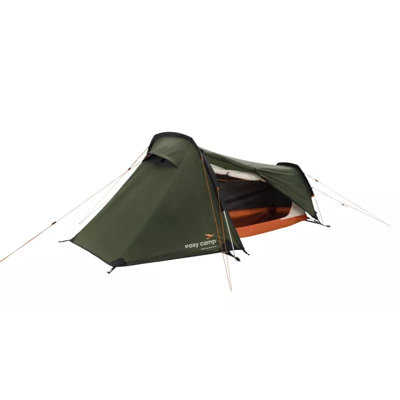 Tunelio tipo palapinė easy camp Sarek 1 (tamsiai žalia/oranžinė, 2025) — vieno asmens, tunelio dizainas