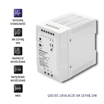 Qoltec 50914 DIN bėgio maitinimo šaltinis | 90 W | 12 V | 7,5 A | Baltas | Plonas