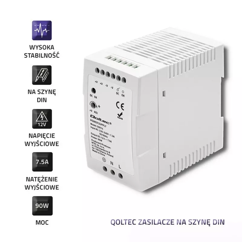 Qoltec 50914 DIN bėgio maitinimo šaltinis | 90 W | 12 V | 7,5 A | Baltas | Plonas