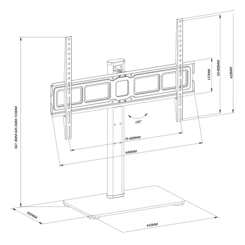 TV stovas MACLEAN MC-386 32–75 colių televizoriams, iki 40 kg, VESA 600x400 mm, pasukamas, laisvai pastatomas
