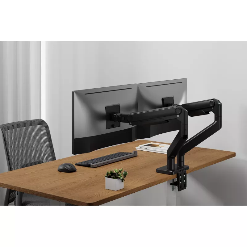 Monitoriaus laikiklis DIGITUS Dviejų monitorių laikiklis 2×45 colių ekranams, spaustuvas, 2×20 kg, VESA 75×75–100×100, pakreipimas -20–50°