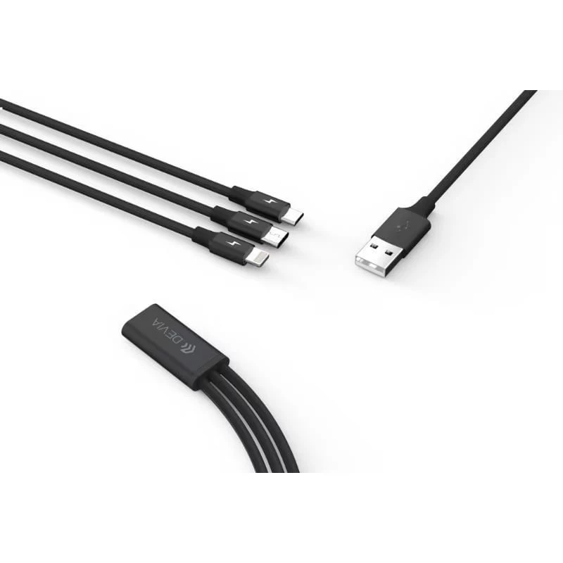USB 3-in-1 įkrovimo/duomenų kabelis Devia Kintone Series — Lightning, Micro-USB, USB-C, 1,2 m, juodas