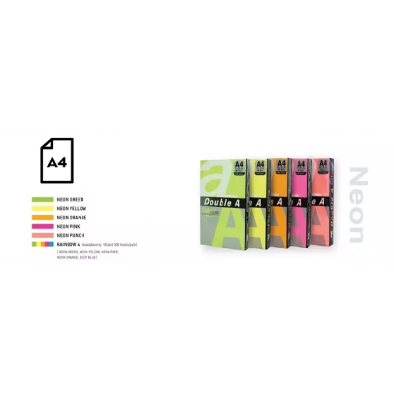 Spalvotas neoninis popierius Double A, 75g, A4, 100 lapų, Rainbow 4, 5 neoninės spalvos