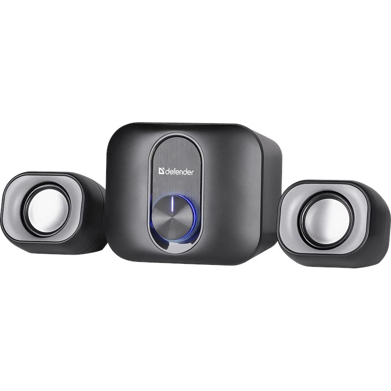 Staliniai 2.1 garsiakalbiai DEFENDER V13 — 11 W RMS (6 W palydovai, 5 W žemų dažnių garsiakalbis), maitinami per USB, 3,5 mm įvestis, juodi