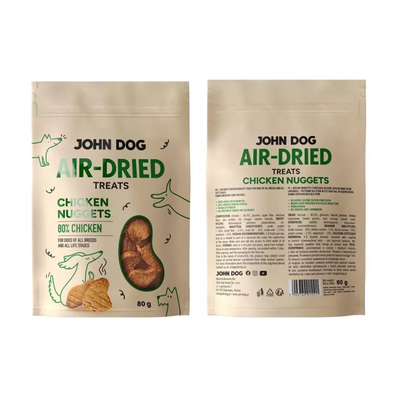 Šunų skanėstas john dog Air-Dried Chicken gabalėliai 80 g — oro džiovinimo vištienos gabalėliai, baltymai 26%, riebalai 16%