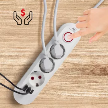 Maitinimo šakotuvas MACLEAN MCE394W — 3 lizdai, 3×USB 2,1A, 110–240V AC, 2500W, 1,5 m laidas, baltas