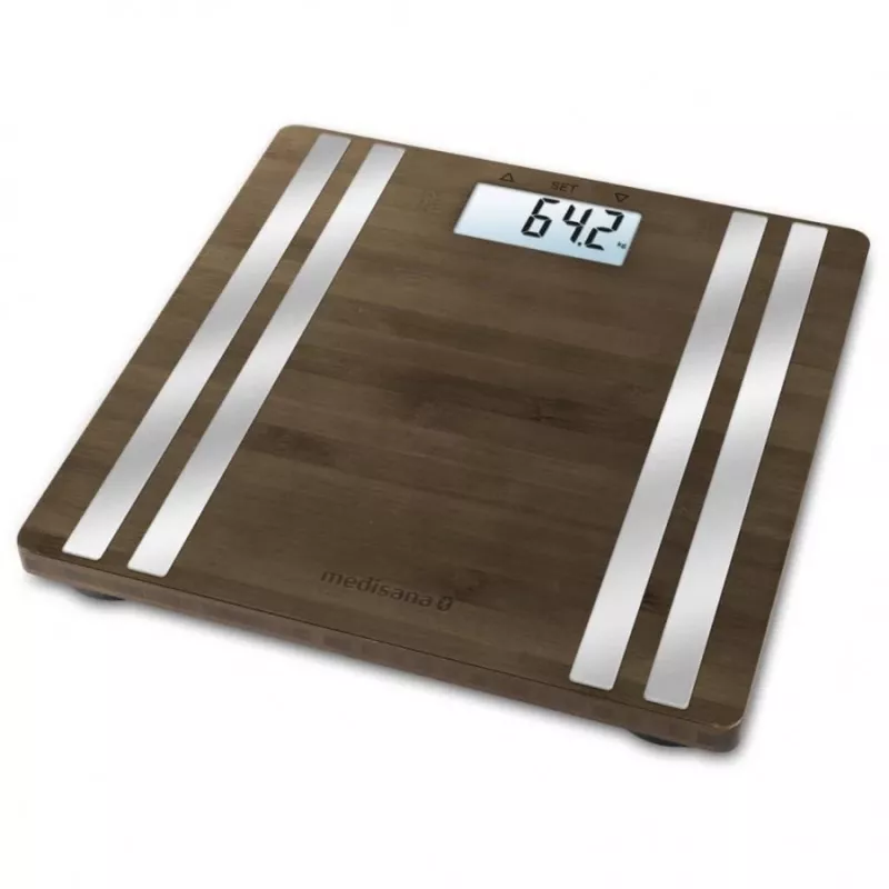 Elektroninės asmeninės svarstyklės Medisana BS 552 — sidabrinė, bambukiniu paviršiumi, maks. 180 kg, 100 g tikslumas, Bluetooth, KMI, kūno sudėtis