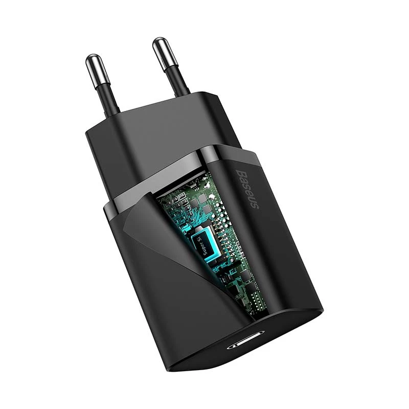 Baseus Super Si greitasis įkroviklis 1C 20W su USB-C laidu, skirtu Lightning, 1 m (juodas)