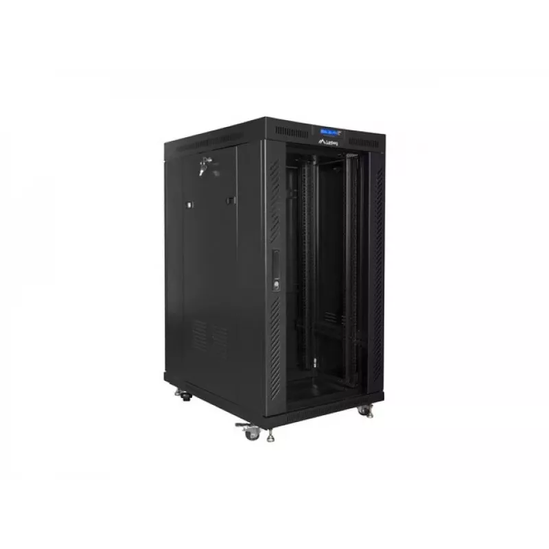 Laisvai pastatoma spinta 19 colių 22U 800x1000 stiklinės durys LCD (plokščia pakuotė) V2 juoda