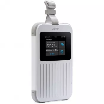 Nešiojamasis maršrutizatorius Acer Connect M6E su 20 GB, dviejų dažnių (2,4 GHz + 5 GHz arba 2,4 GHz + 6 GHz), Wi‑Fi 6E, 5G, IP68, 2x2 vidinės antenos, 4 GB RAM, 2,5 GHz procesorius
