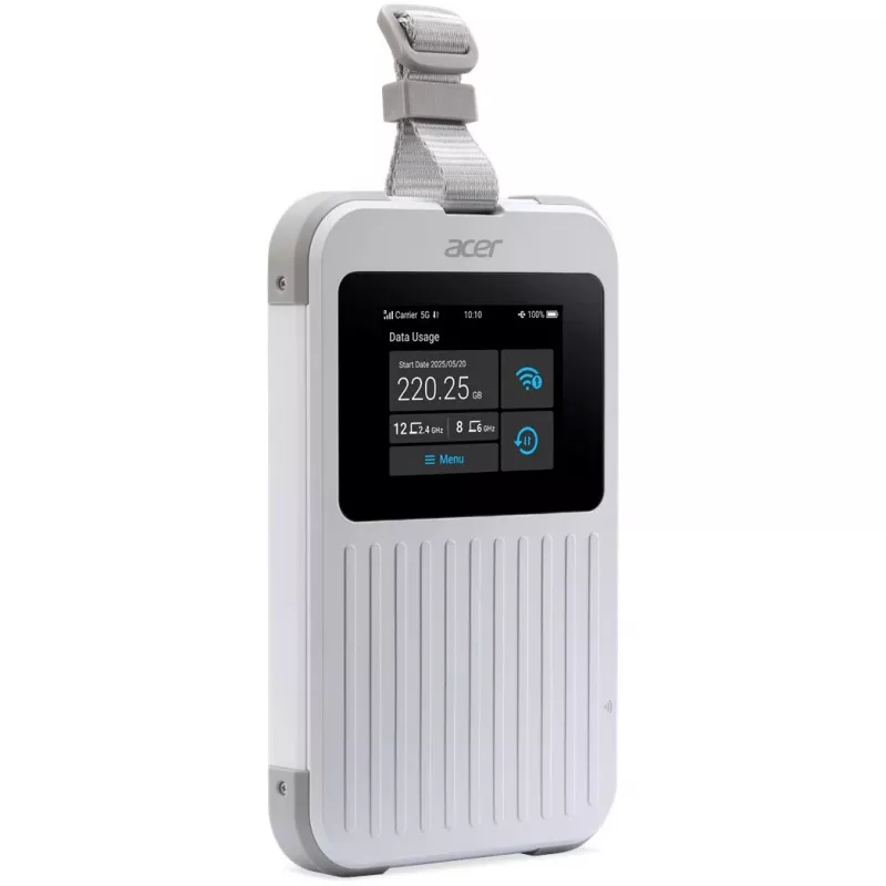 Nešiojamasis maršrutizatorius Acer Connect M6E su 20 GB, dviejų dažnių (2,4 GHz + 5 GHz arba 2,4 GHz + 6 GHz), Wi‑Fi 6E, 5G, IP68, 2x2 vidinės antenos, 4 GB RAM, 2,5 GHz procesorius