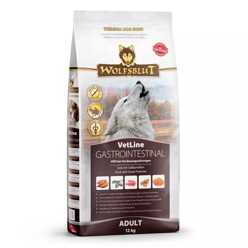 Sausas šunų maistas Wolfsblut VetLine Gastrointestinal Duck 12 kg — veterinarinė dieta virškinimo sveikatai, baltymai 20 %, riebalai 10 %