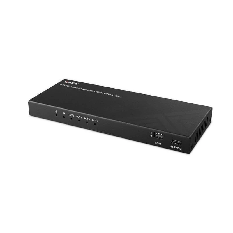 „Lindy“ 4 prievadų HDMI 8K60 skirstytuvas su garsu, HDMI, 4x HDMI, 3,5 mm, 7680 x 4320 pikseliai, juoda, metalas