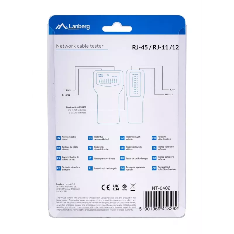 PoE testeris LANBERG NT-0402 — PoE tinklo kabelių testeris su RJ-45/RJ-11 palaikymu, LED indikatoriais, maitinimo LED, įjungimo/išjungimo jungikliu