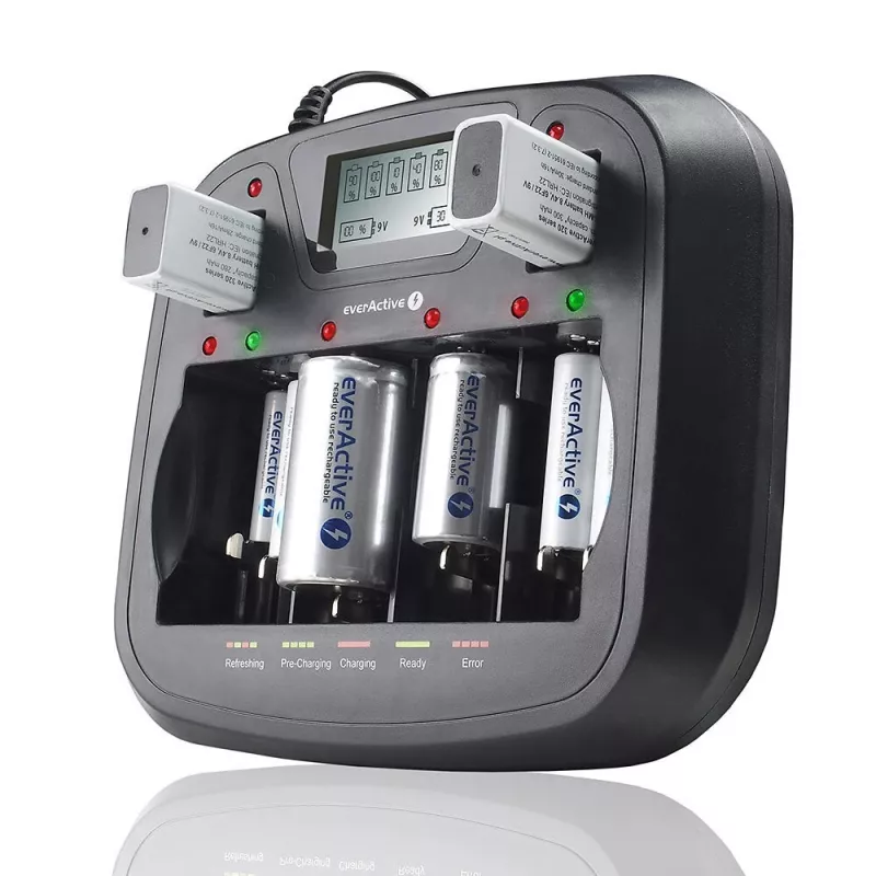 Baterijų įkroviklis everActive NC-900U Universal DC — įkrauna AA, AAA, C, D, 9V, iki 6 elementų, juodas