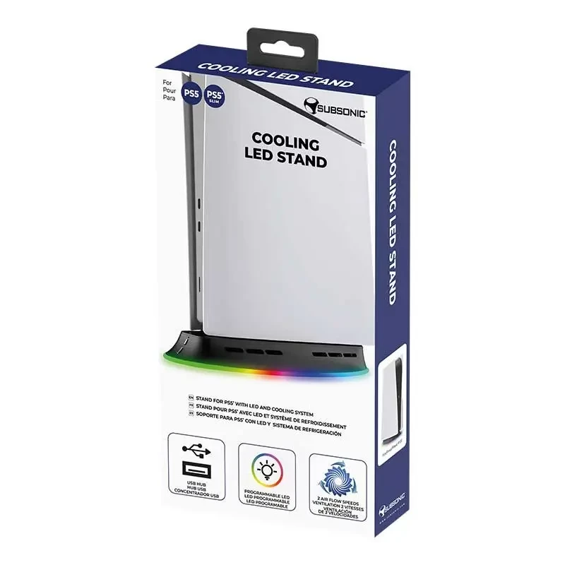 Aušinimo stovas SUBSONIC SA5656, skirtas PS5 ir PS5 plonas, su LED lemputėmis, kelių ventiliatorių aušinimu, USB maitinimu