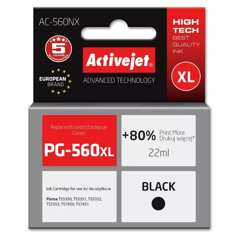 Activejet AC-560NX rašalas (pakaitalas Canon PG-560XL; Supreme; 22 ml; juodas)