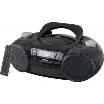 Nešiojamas Bluetooth boombox SENCOR SPT4710B — 20 W bendra galia, Bluetooth 5.3, CD/USB/FM, maitinimas iš baterijų arba elektros tinklo