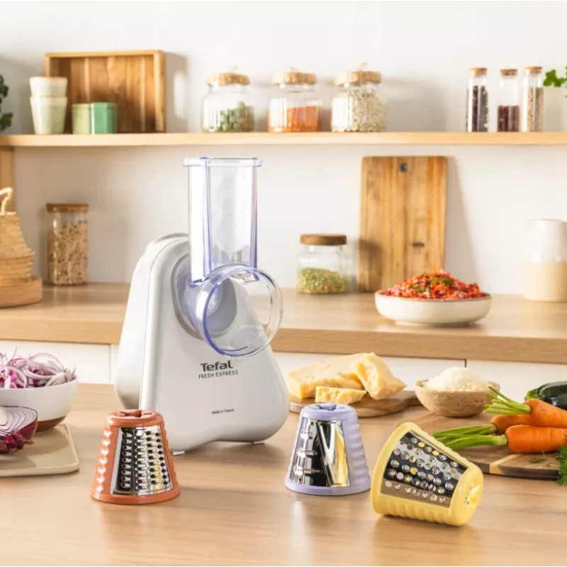 Elektrinė daržovių smulkintuvė Tefal Fresh Express DN853BE0 — 150 W, 3 keičiami antgaliai, 1 greitis, kremas