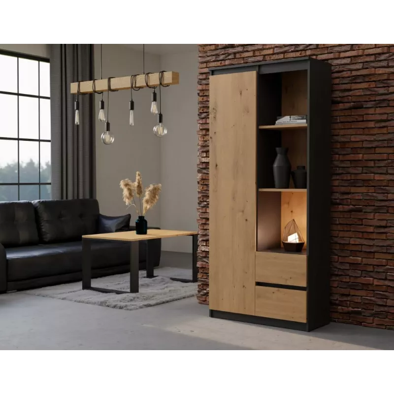 Top e Shop RS-80 BILY biuro knygų spinta, antracito rėmas, artisan ąžuolo durys, 7 lentynos, 2 stalčiai, 1800×800×350 mm