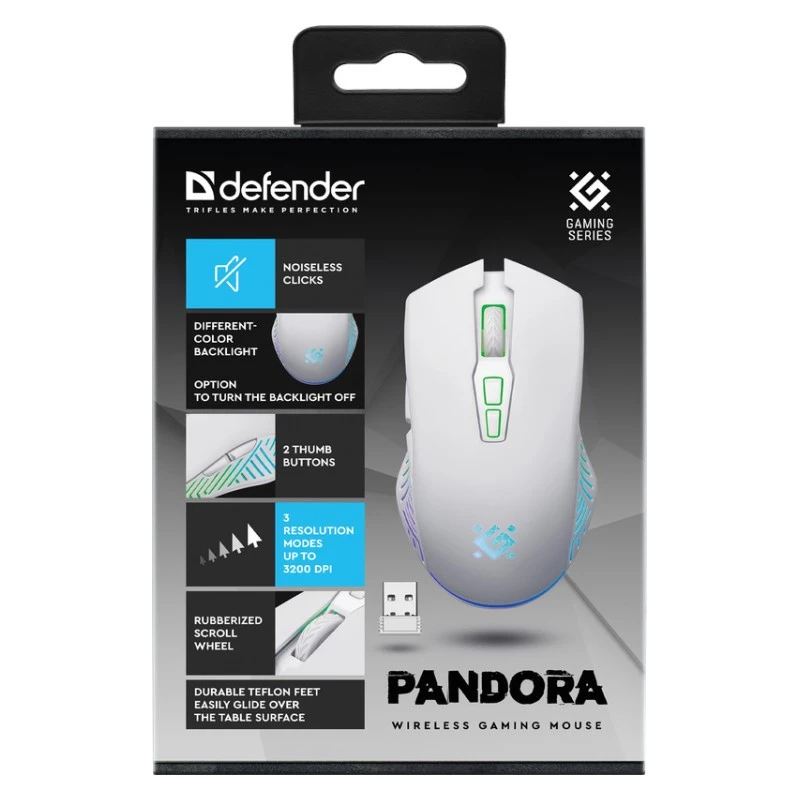 Belaidė žaidimų pelė DEFENDER Pandora White — abiem rankoms tinkama, 3200 DPI, 6 mygtukai, programuojami, optinė, USB