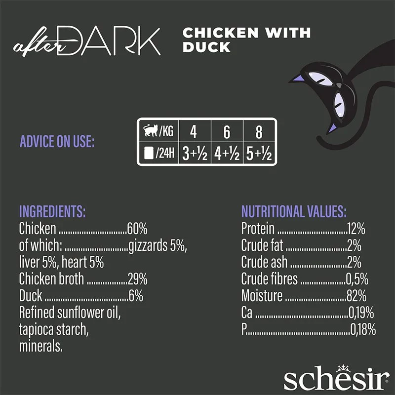 Šlapias kačių maistas Agras Pet Foods Schesir after Dark Complete Brühe 80 g — vištiena, be grūdų, be glitimo ir sojos