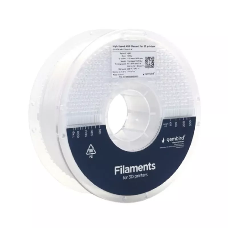 GEMBIRD ABS 1,75 mm 1 kg siūlas — baltas, suderinamas su bet kokiu prekės ženklu