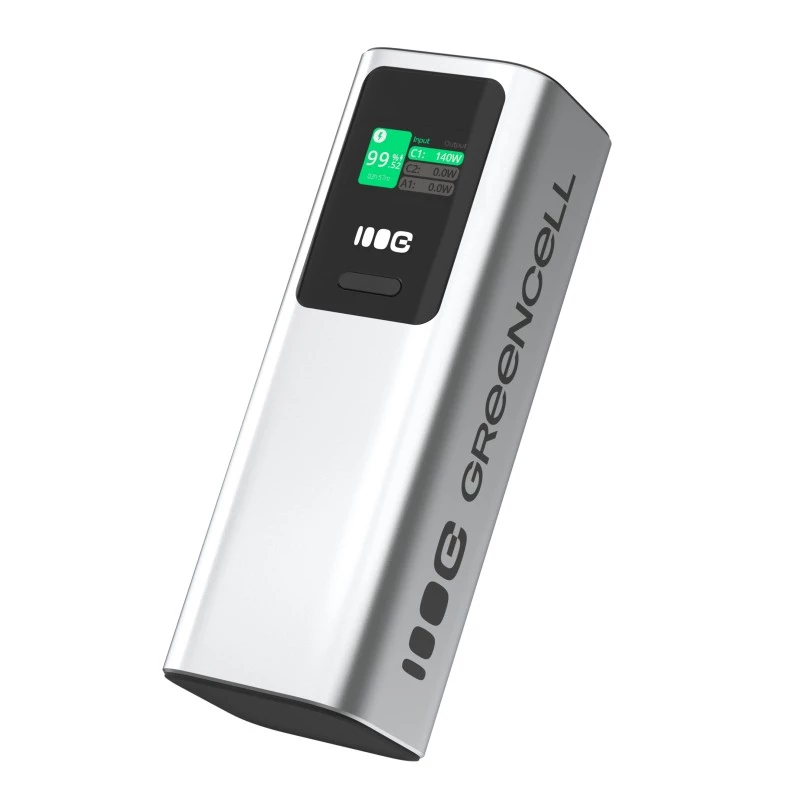 Nešiojama baterija Green Cell PBGC25UD, 25200 mAh, Li‑Ion, 140 W bendra galia, 2× USB‑C + 1× USB‑A, OLED ekranas, aliuminis korpusas