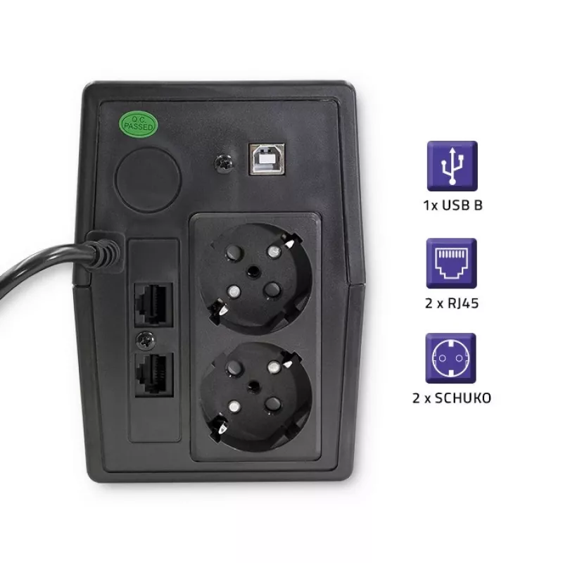 Qoltec Monolith nepertraukiamo maitinimo šaltinis (UPS) Dvigubos konversijos (Online) 0,45 kVA 240 W 2 AC lizdai